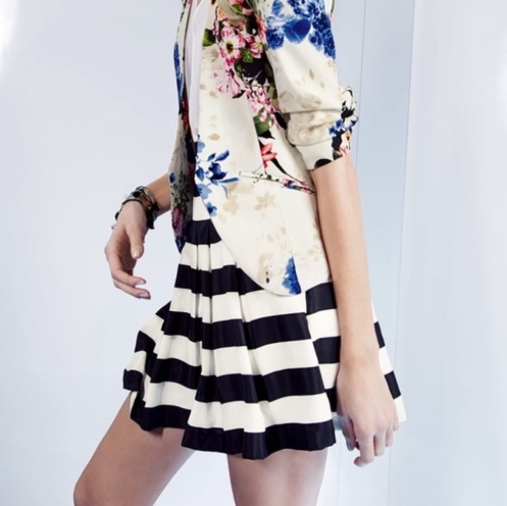 Ro & De Pleated Black + White Striped Skirt